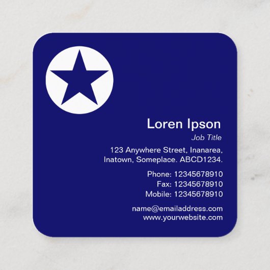 丸い星 – 濃い青の上の白 スクエア名刺 (裏面)