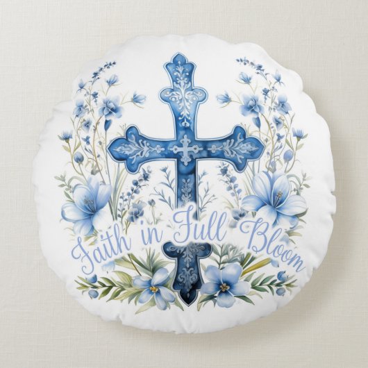 丸い枕の信仰のフル開花ブルーボンネットイースター ラウンドクッション (正面)