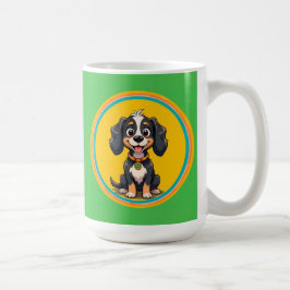 丸い枠にハッピンカラフルグ犬 コーヒーマグカップ