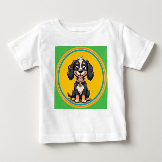 丸い枠にハッピンカラフルグ犬 ベビーTシャツ (正面)