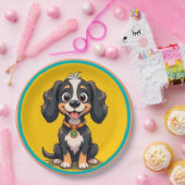 丸い枠にハッピンカラフルグ犬 ペーパープレート (パーティー)