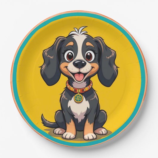 丸い枠にハッピンカラフルグ犬 ペーパープレート (正面)