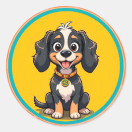 丸い枠にハッピンカラフルグ犬 ラウンドシール
