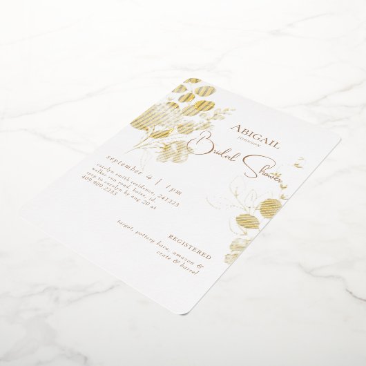 丸い植物性ブライダルシャワーゴールドフォイル 箔招待状 (回転した状態)