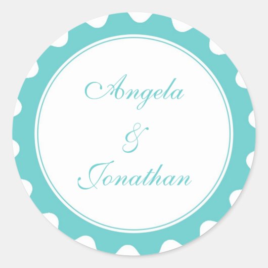 丸い花びらティール（緑がかった色）青い結婚式の引き出物名タグラベル ラウンドシール (正面)