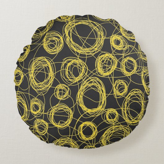 丸い落書き（黄色と黒） ラウンドクッション (正面)
