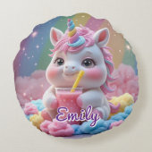 丸い虹のユニコーン枕 – 編集可能な名前 ラウンドクッション (裏面)