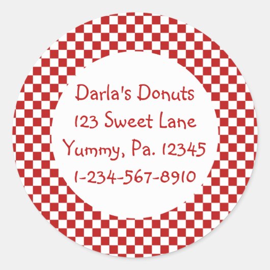 丸い赤いギンガムステッカー ラウンドシール (正面)