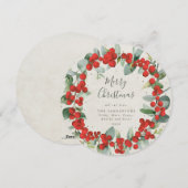 丸い赤い実 + ユーカリのクリスマスリース シーズンカード (正面/裏面)