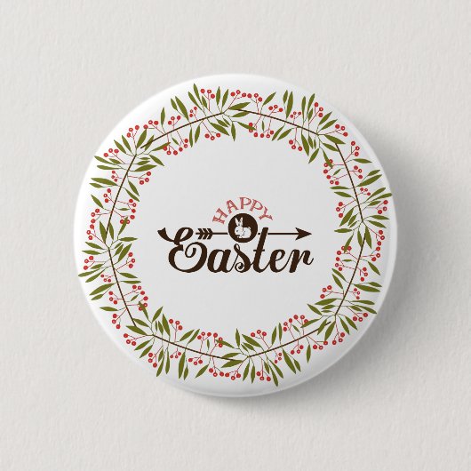 丸い赤と緑のフローラリースとバニー 缶バッジ (正面)