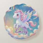 丸い飛んでいるユニコーン – 編集可能な名前 ラウンドクッション (裏面)