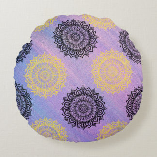 丸い黄色と黒い花の枕 ラウンドクッション