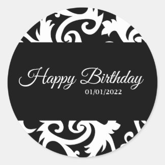 丸い黒と白のダマスクラベルシール ラウンドシール