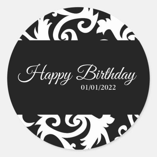 丸い黒と白のダマスクラベルシール ラウンドシール (正面)