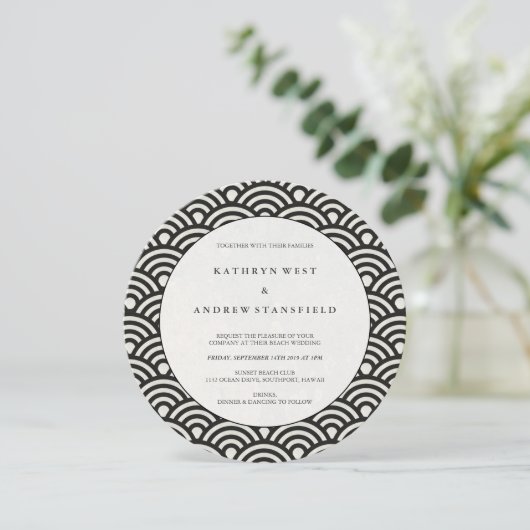 丸い黒+白日本の波結婚の 招待状 (スタンド正面)