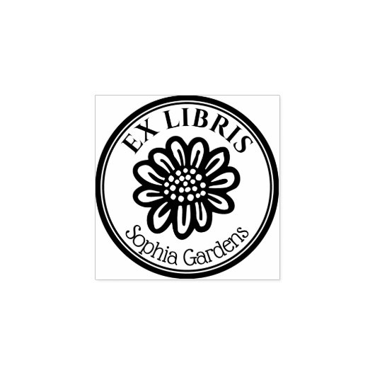 丸いEx Libris – 手描き花 ラバースタンプ (インプリント)