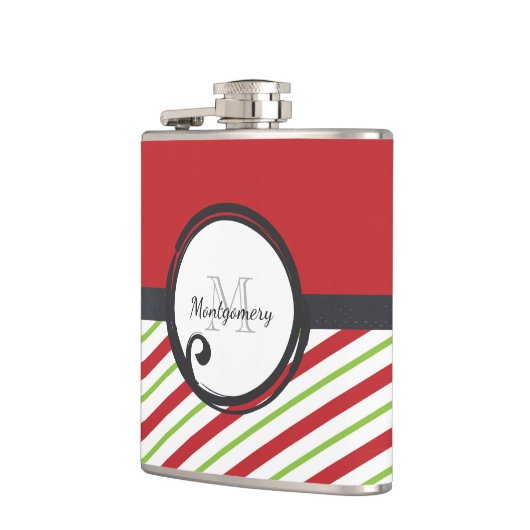 丸にモノグラムストライプを持つ赤と緑の フラスク (左)