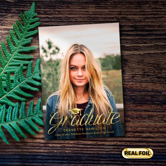 丸みを帯びたスクリプトフロント/バックフォトの卒業 箔招待状