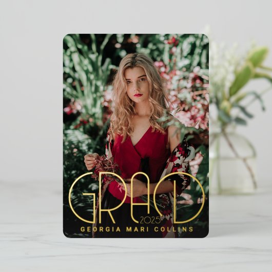 丸め卒業ヘッドライン卒業招待状 箔招待状 (立ち正面)