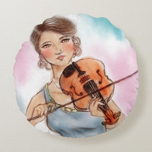 丸カラフル図解入りの、写真付きの枕 – バイオリン ラウンドクッション (正面)