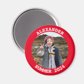 丸パーソナライズされた家族写真明るい赤 マグネット (正面/裏面)