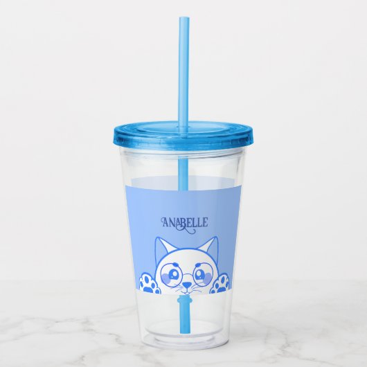 丸メガネをかけたかわいいハッピーネコ アクリルタンブラー (正面)