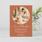 丸モダンいフォトフレーム燃えたオレンジ結婚色 サンキューカード (スタンド正面)