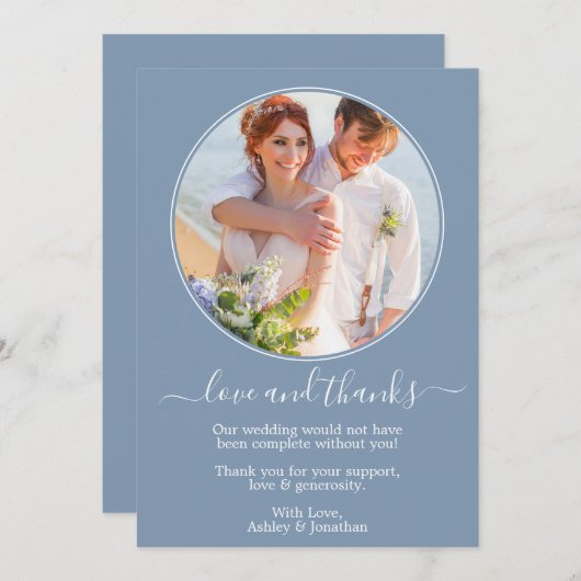 丸モダンい写真フレームダスティブルー結婚ズ サンキューカード (正面/裏面)