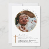 丸モダン円写真金ゴールドクロスバプテスマ 招待状 (正面)