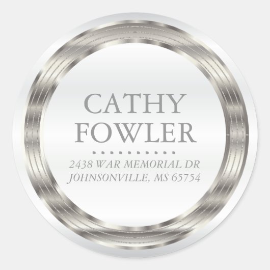 丸住所の白と銀のラベル ラウンドシール (正面)