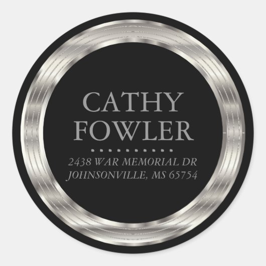 丸住所の黒と銀のラベル ラウンドシール (正面)