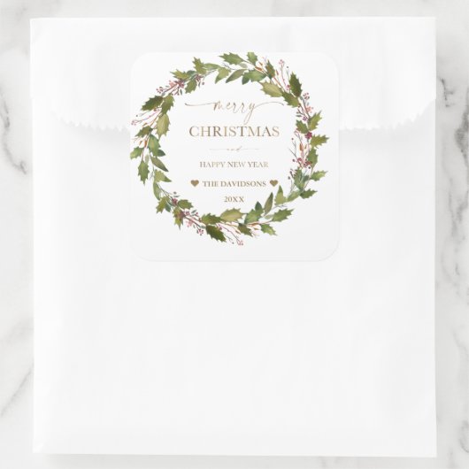 丸冬の果実の緑の葉のクリスマス スクエアシール (バッグ)