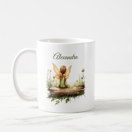 丸太に座る孤独な妖精 コーヒーマグカップ (左)