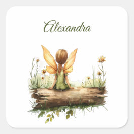 丸太に座る孤独な妖精 スクエアシール