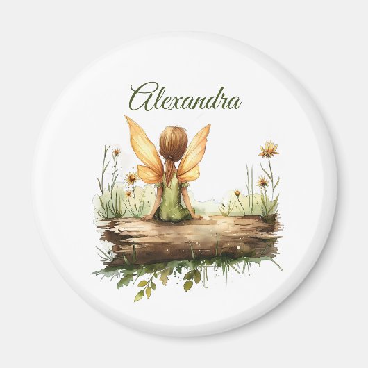 丸太に座る孤独な妖精 マグネット (正面)