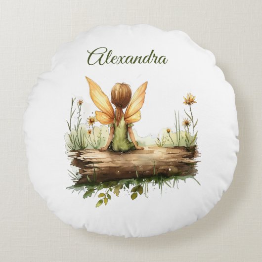 丸太に座る孤独な妖精 ラウンドクッション (正面)