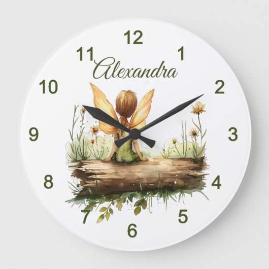 丸太に座る孤独な妖精 ラージ壁時計 (正面)