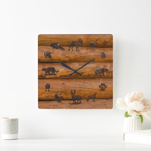 丸太に積まれた森林の動物 スクエア壁時計 (ホーム)