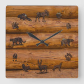 丸太に積まれた森林の動物 スクエア壁時計 (正面)