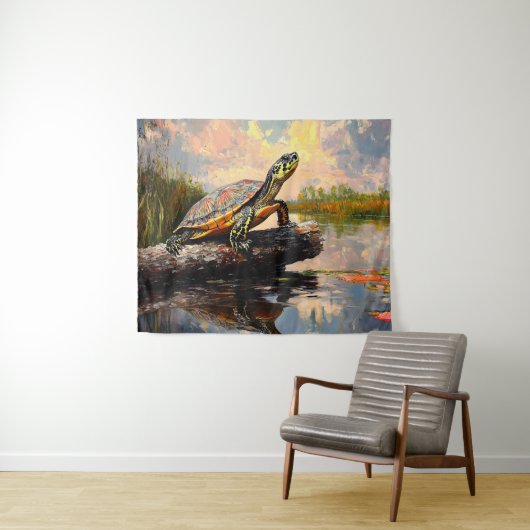 丸太のかわいい亀エバーグレーズ絵を描ズ タペストリー (インサイチュ(横))