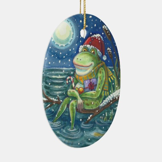 丸太の休日のクリスマスのオーナメントの詩のカエルサンタ セラミックオーナメント (右)