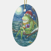 丸太の休日のクリスマスのオーナメントの詩のカエルサンタ セラミックオーナメント (左)