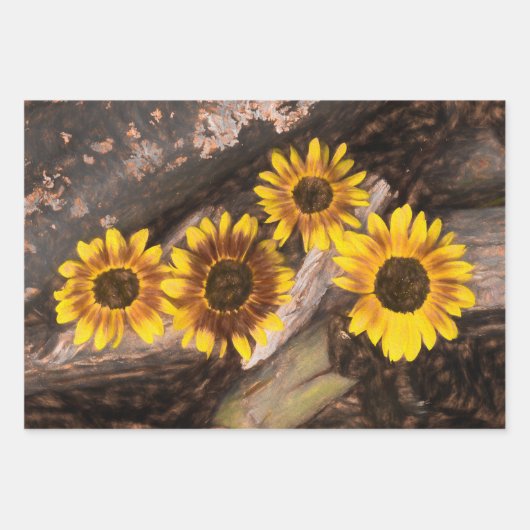 丸太ひまわり茶色の黄色のヴィンテージ ラッピングペーパーシート (正面3)