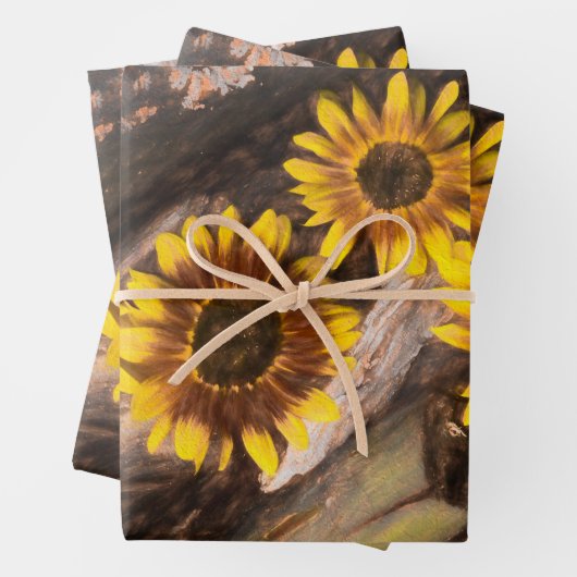 丸太ひまわり茶色の黄色のヴィンテージ ラッピングペーパーシート (インサイチュ)