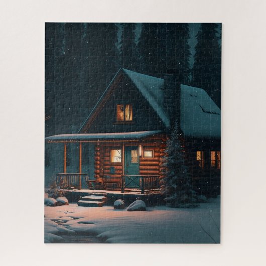 丸太小屋の冬のクリスマス ジグソーパズル (縦)