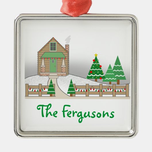 丸太小屋及びクリスマスの照明の雪場面 メタルオーナメント (正面)