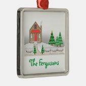 丸太小屋及びクリスマスの照明の雪場面 メタルオーナメント (右)