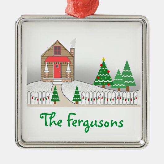 丸太小屋及びクリスマスの照明の雪場面 メタルオーナメント (正面)