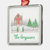 丸太小屋及びクリスマスの照明の雪場面 メタルオーナメント (左)