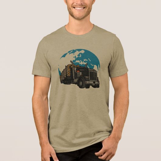 丸太運搬のトラック 林業 輸送 グローバル物流 トライブレンドTシャツ (正面)